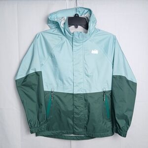 REI Two-Tone Hooded Rain Jacket in Light Aqua & Forest Green